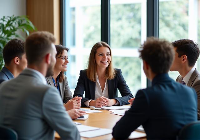 Ein Team von Beratern in einer hellen, freundlichen Büroumgebung bei einer Besprechung.